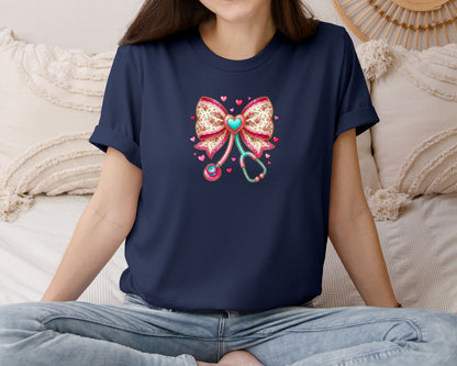 brand:Bella Canvas|color:Navy|Nurse Bow Stethoscope Valentine Graphic T-Shirt