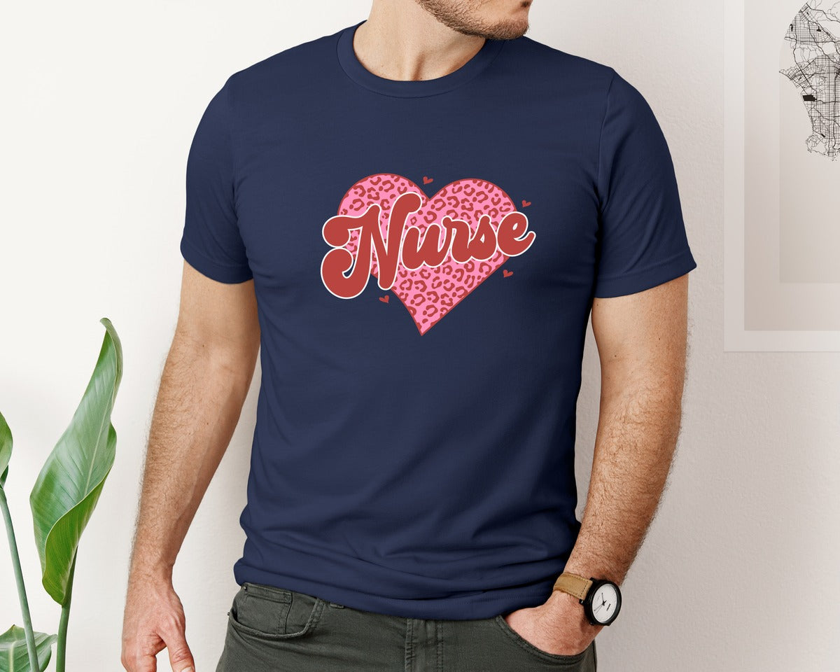 brand:Bella Canvas|color:Navy|Nurse Valentine Retro Leopard Graphic T-Shirt