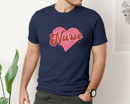 brand:Bella Canvas|color:Navy|Nurse Valentine Retro Leopard Graphic T-Shirt