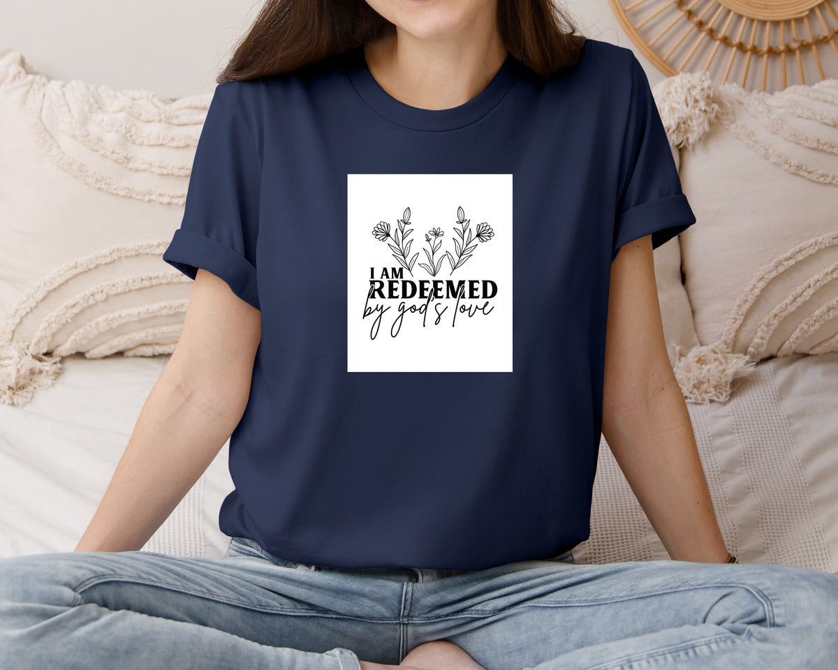 brand:Bella Canvas|color:Navy|I Am Redeemed By Gods Love Jesus Graphic T-Shirt