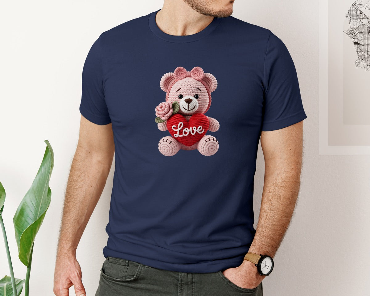 brand:Bella Canvas|color:Navy|Crochet Valentine Teddy Bear 2 Graphic T-Shirt