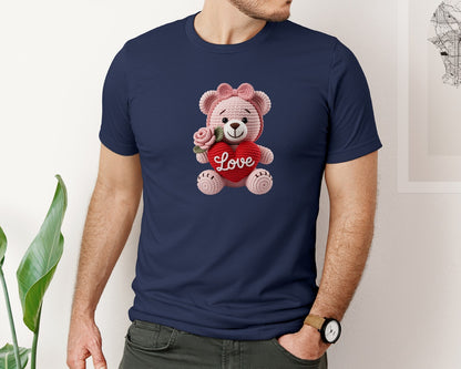 brand:Bella Canvas|color:Navy|Crochet Valentine Teddy Bear 2 Graphic T-Shirt