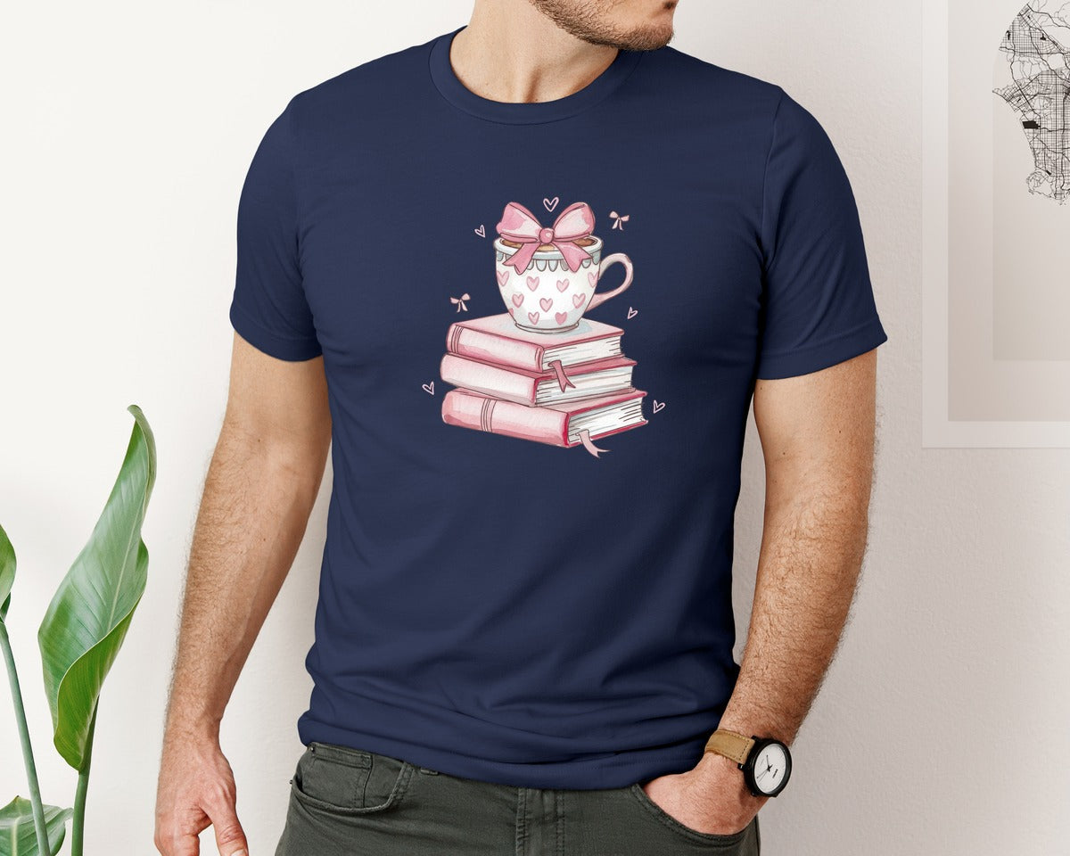 brand:Bella Canvas|color:Navy|Retro Coffee And Books Hearts Graphic T-Shirt