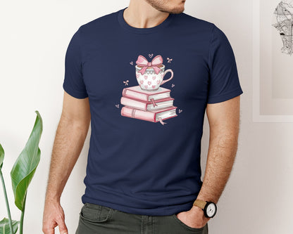 brand:Bella Canvas|color:Navy|Retro Coffee And Books Hearts Graphic T-Shirt
