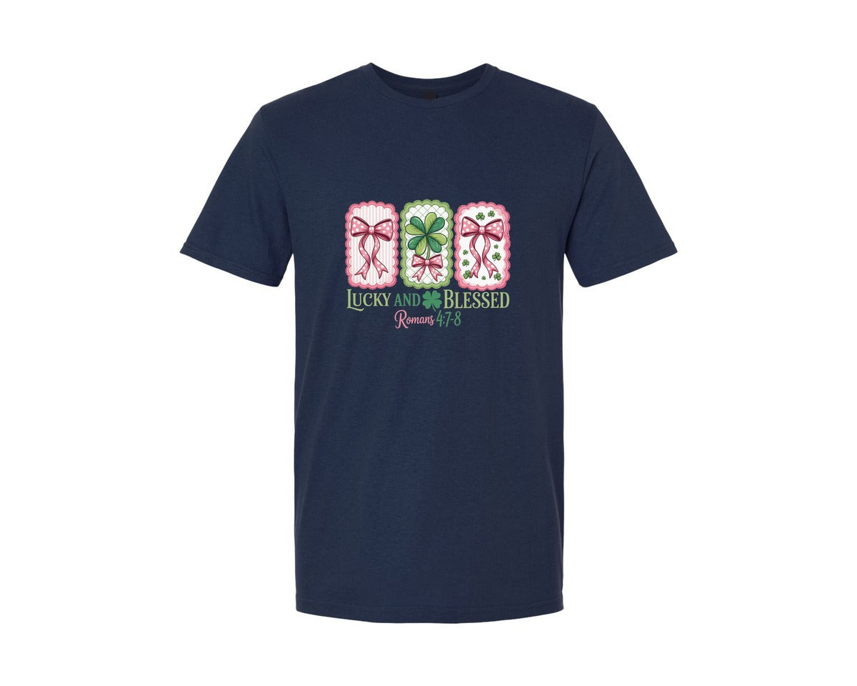 brand:Generic|color:Navy|Lucky And Blessed Retro Patrick 2 Graphic T-Shirt