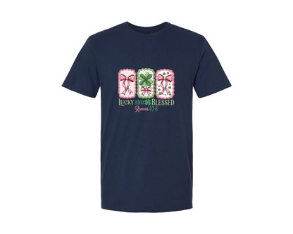 brand:Generic|color:Navy|Lucky And Blessed Retro Patrick 2 Graphic T-Shirt