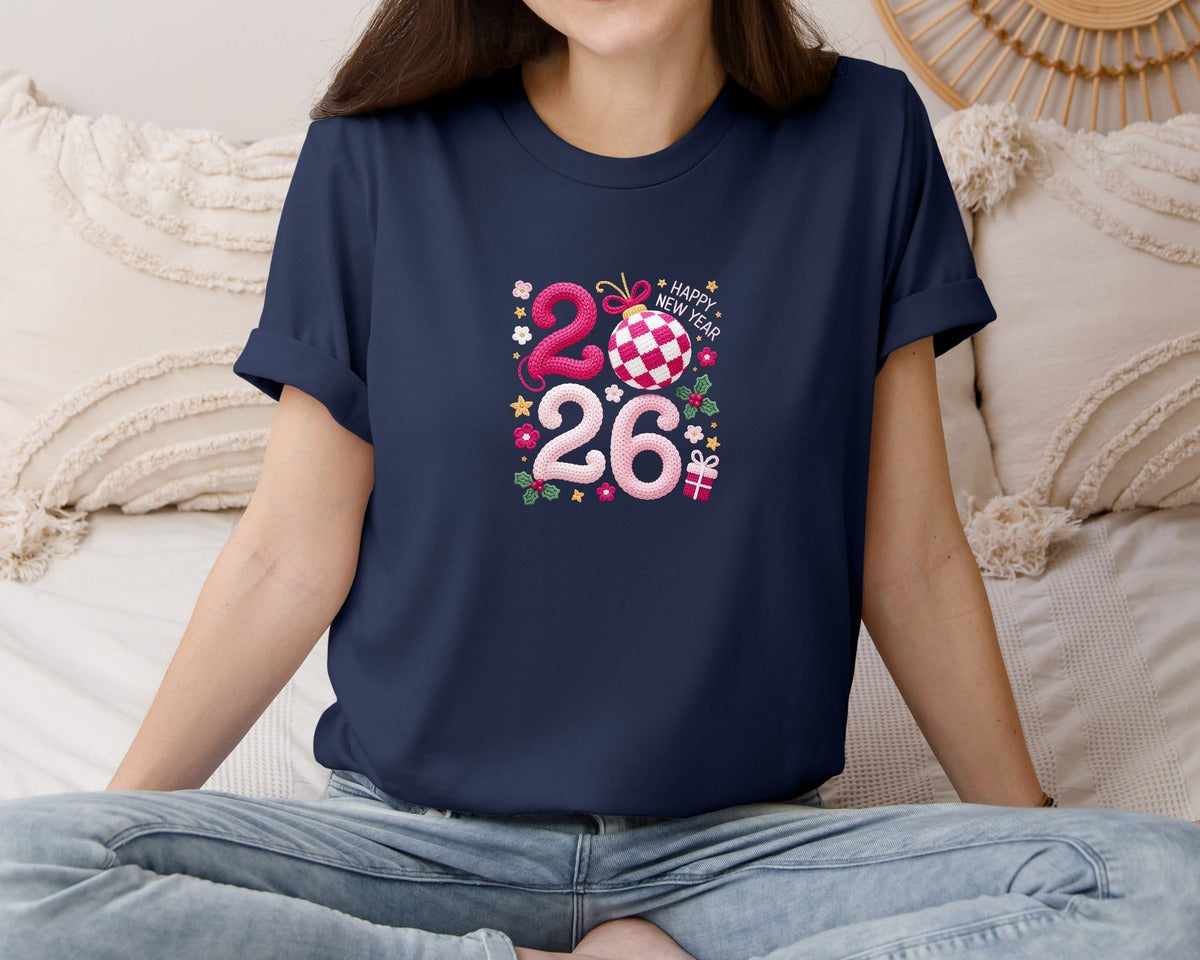 brand:Bella Canvas|color:Navy|Happy New Year 2026 Crochet Yarn Graphic T-Shirt