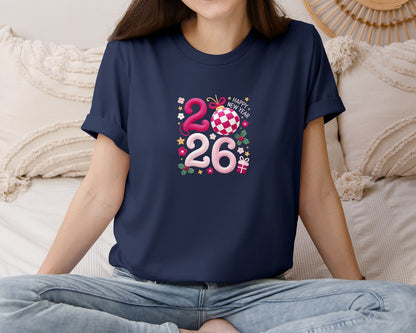 brand:Bella Canvas|color:Navy|Happy New Year 2026 Crochet Yarn Graphic T-Shirt