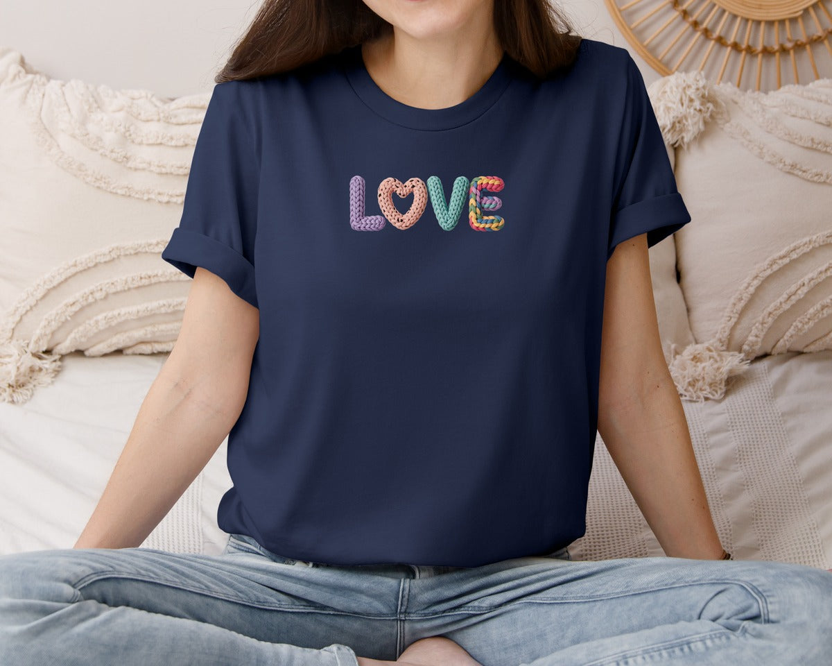 brand:Bella Canvas|color:Navy|Love Yarn Crochet Valentines Day Graphic T-Shirt