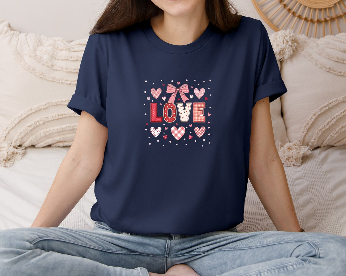 brand:Bella Canvas|color:Navy|Lace Love Coquette Bow Preppy Heart Graphic T-Shirt