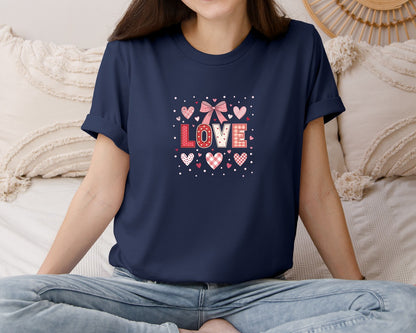 brand:Bella Canvas|color:Navy|Lace Love Coquette Bow Preppy Heart Graphic T-Shirt