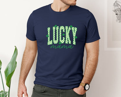 brand:Bella Canvas|color:Navy|Lucky Mama Mini Checkered Clover Graphic T-Shirt