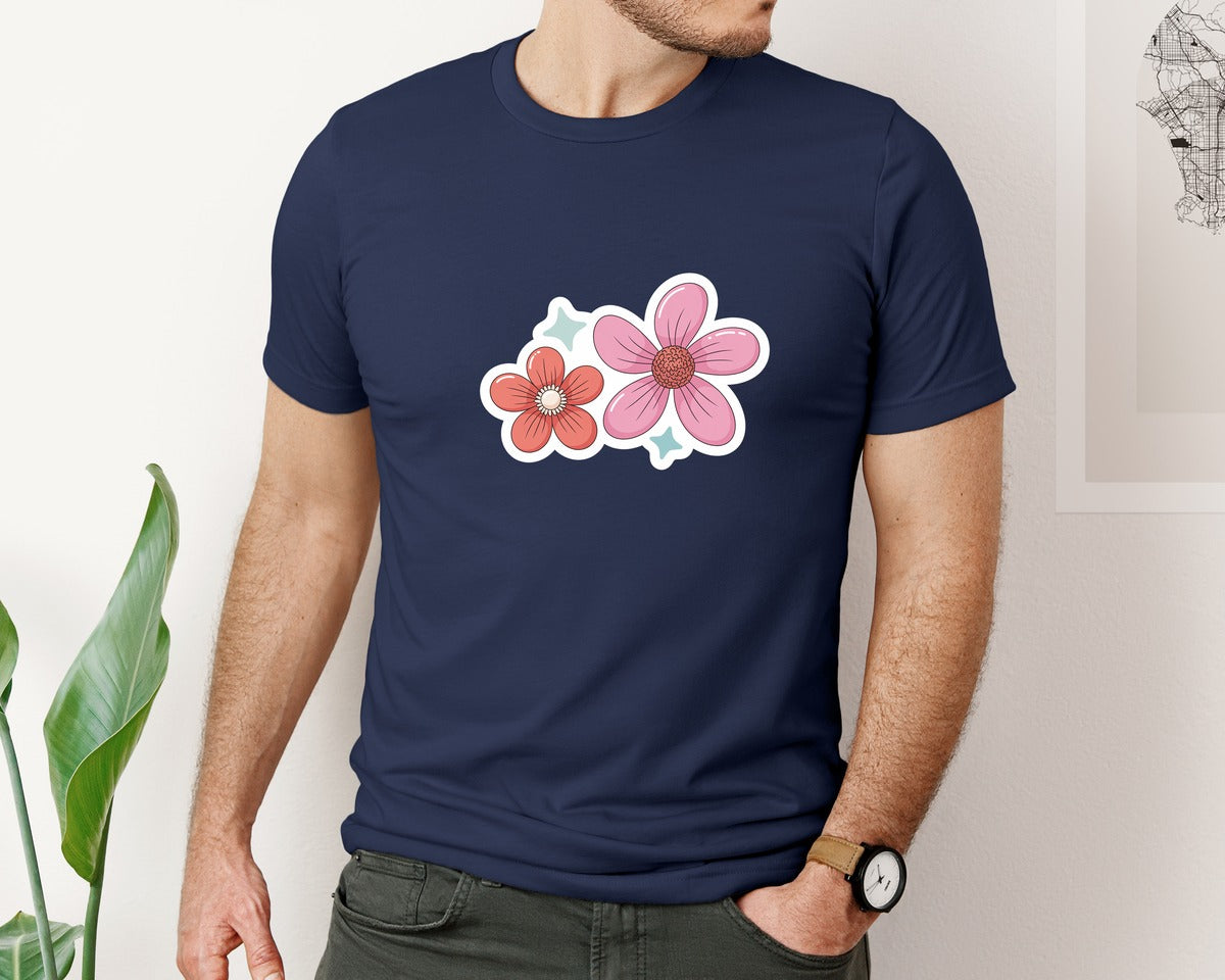 brand:Bella Canvas|color:Navy|Cute Floral Printable Stickers 2 Graphic T-Shirt
