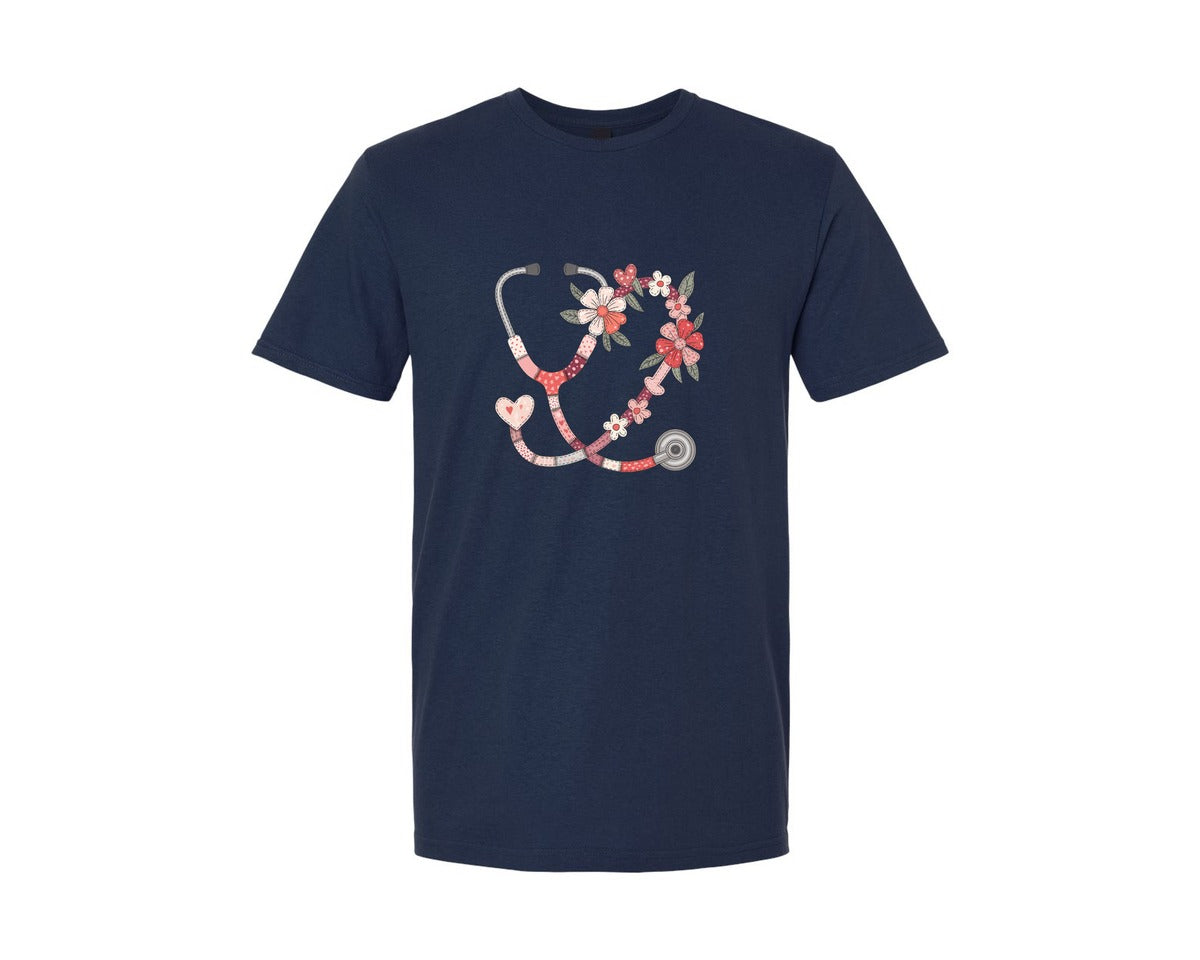 brand:Generic|color:Navy|Floral Nurse Stethoscope Valentine 4 Graphic T-Shirt