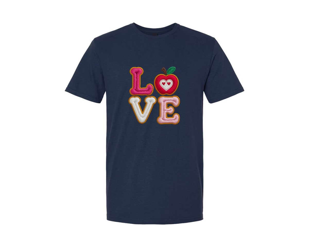 brand:Generic|color:Navy|Faux Yarn Love Apple School Teacher Life Graphic T-Shirt