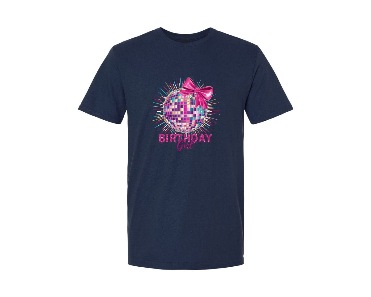 brand:Generic|color:Navy|Birthday Girl Disco Ball Pink Bow Graphic T-Shirt