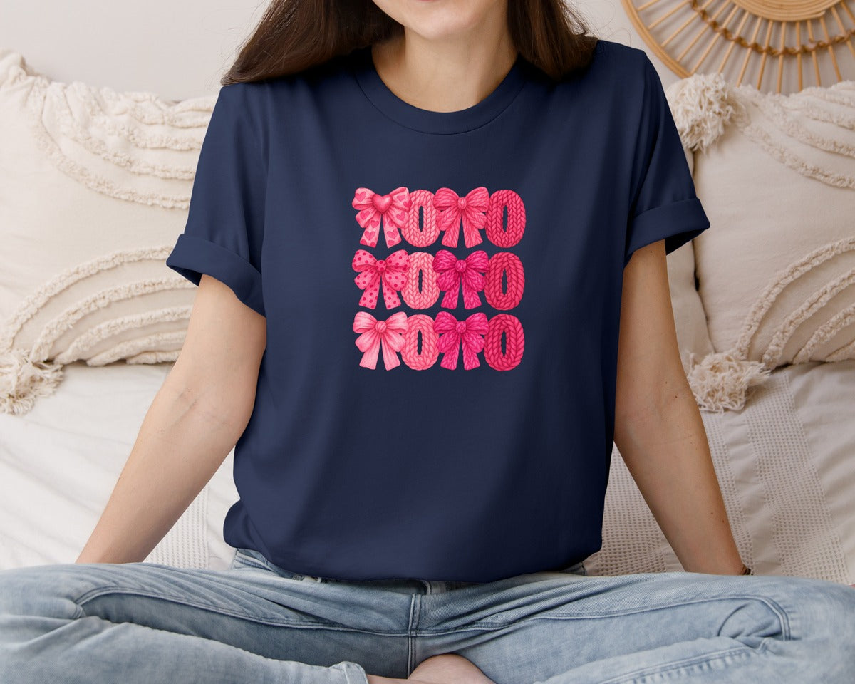 brand:Bella Canvas|color:Navy|Crochet Coquette Valentine Xoxo Graphic T-Shirt