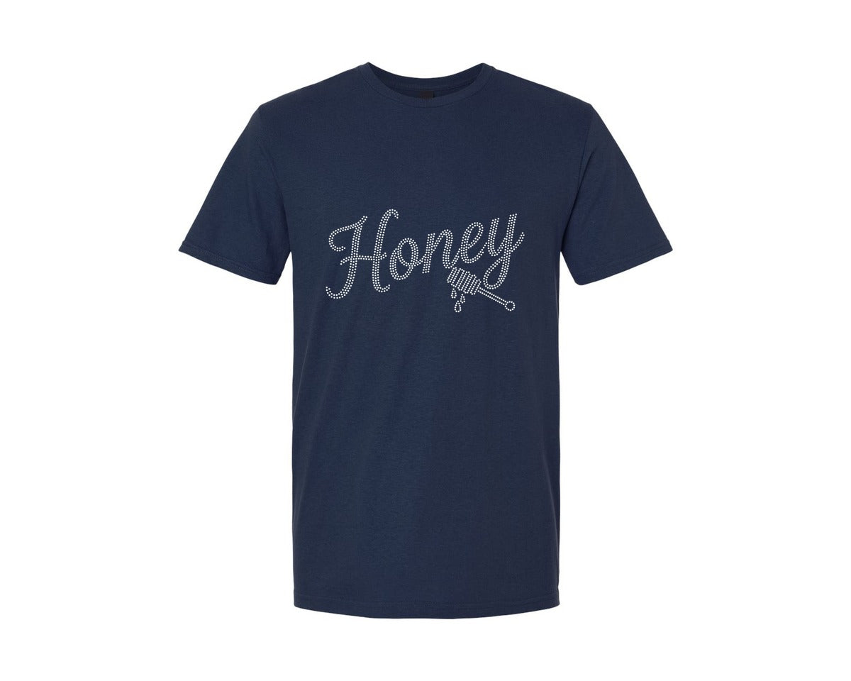 brand:Generic|color:Navy|Honey Rhinestone Cursive Template Graphic T-Shirt