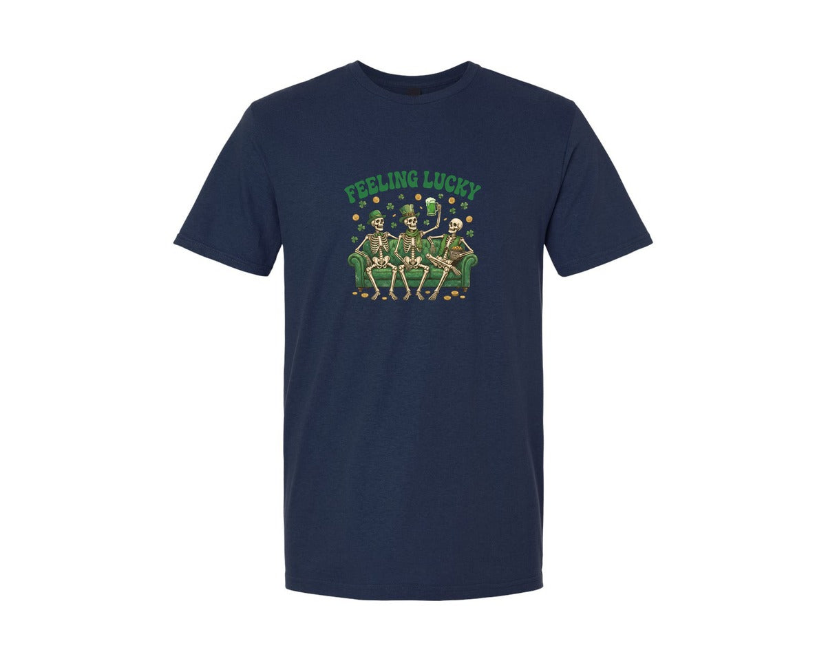 brand:Generic|color:Navy|Feeling Lucky Skeletons St Patricks Day Graphic T-Shirt