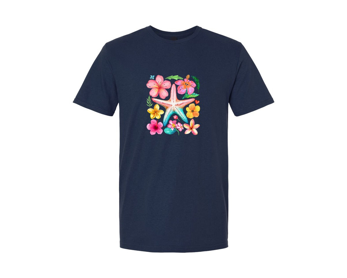 brand:Generic|color:Navy|Floral Summer Starfish Boho Beach Graphic T-Shirt