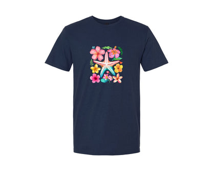 brand:Generic|color:Navy|Floral Summer Starfish Boho Beach Graphic T-Shirt