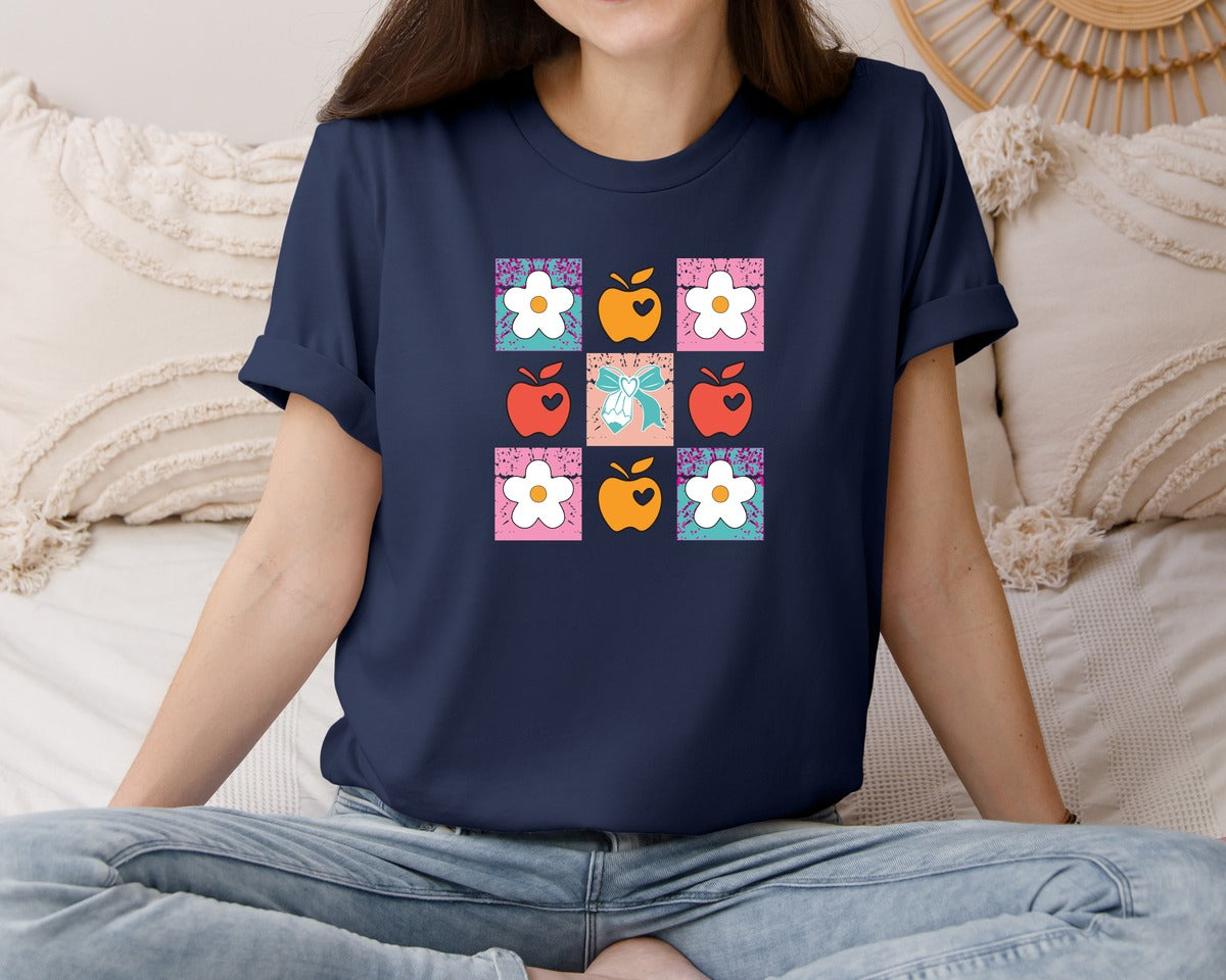 brand:Bella Canvas|color:Navy|Teacher Checkered Boho Flowers Graphic T-Shirt