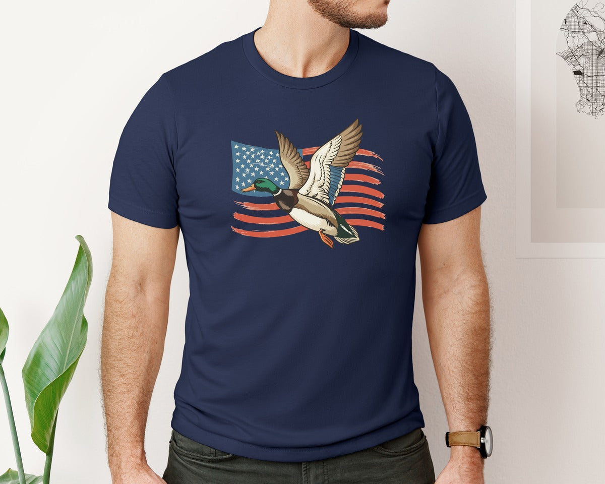 brand:Bella Canvas|color:Navy|Flying Duck Patriotic Brush Flag Graphic T-Shirt