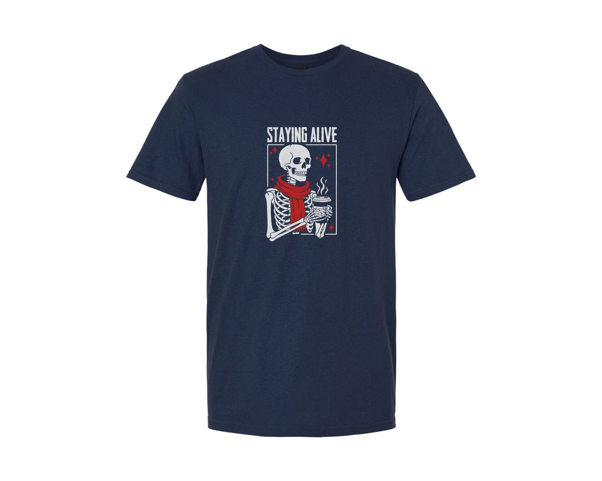 brand:Generic|color:Navy|Staying Alive Skeleton Coffee T Shirt Graphic T-Shirt