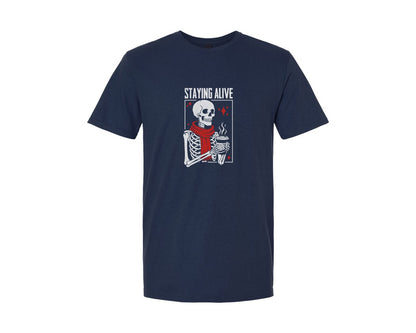 brand:Generic|color:Navy|Staying Alive Skeleton Coffee T Shirt Graphic T-Shirt