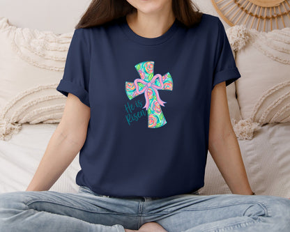 brand:Bella Canvas|color:Navy|He Is Risen Floral Cross Graphic T-Shirt