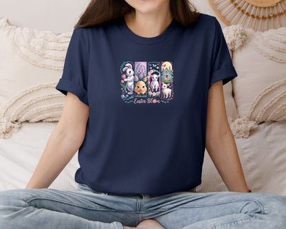 brand:Bella Canvas|color:Navy|Easter Bloom Bunny Lamb Scene Graphic T-Shirt