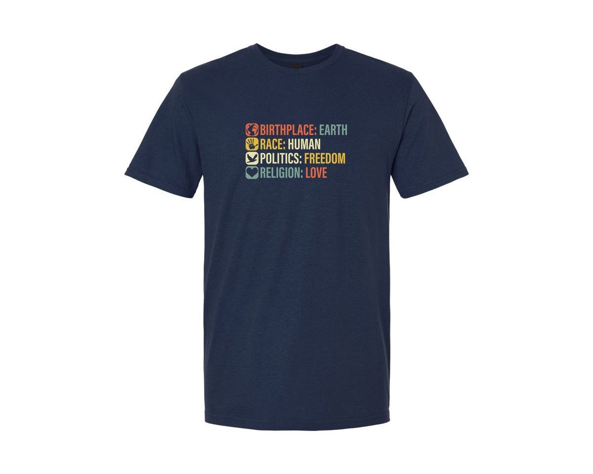 brand:Generic|color:Navy|Birthplace Earth Race Human Politics 4 Graphic T-Shirt