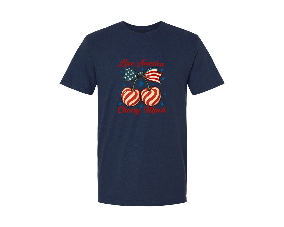 brand:Generic|color:Navy|Retro America Coquette Cherry Bow Graphic T-Shirt