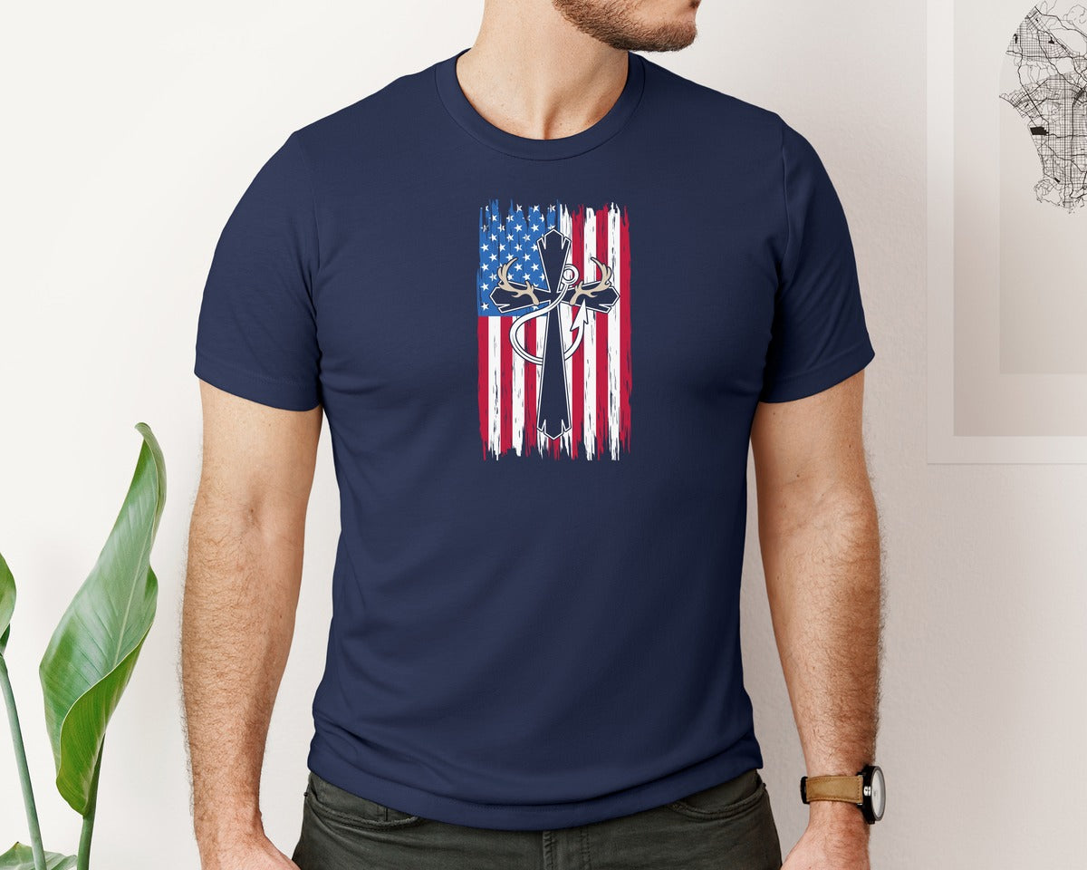 brand:Bella Canvas|color:Navy|Hunting Faith Christian Hunter Usa Graphic T-Shirt