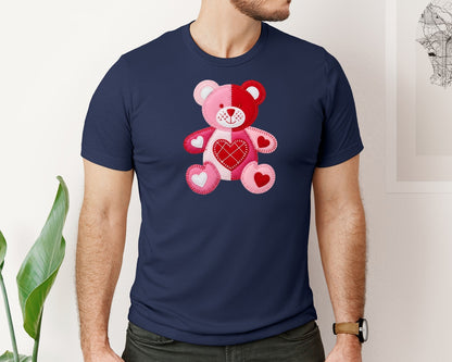 brand:Bella Canvas|color:Navy|Patchwork Valentine Teddy Bear 4 Graphic T-Shirt