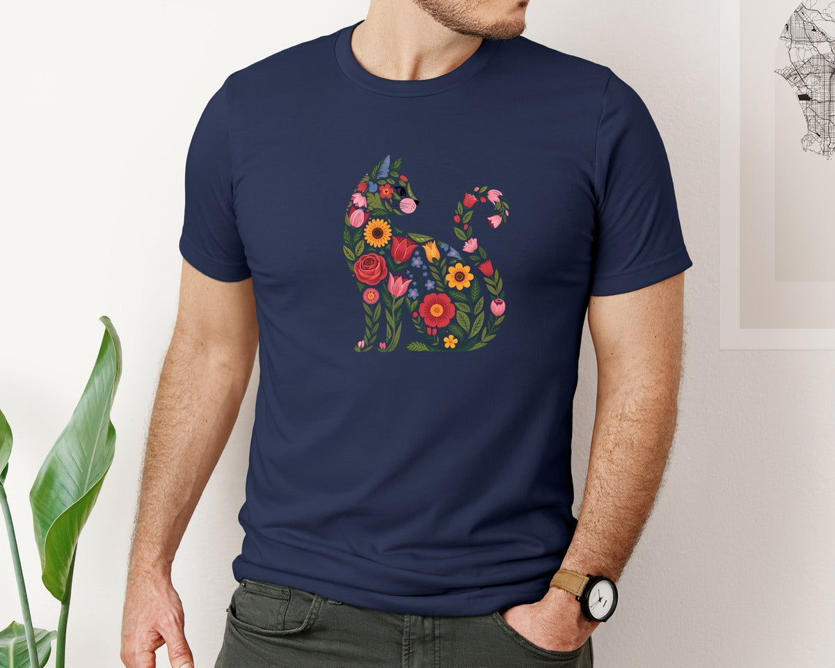 brand:Bella Canvas|color:Navy|Folk Floral Cat Boho Animal Art Graphic T-Shirt