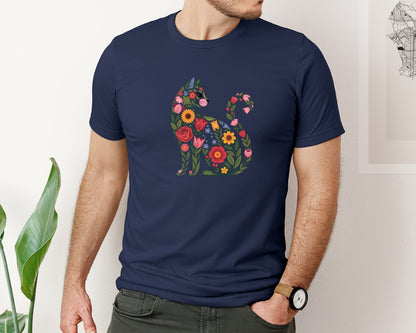 brand:Bella Canvas|color:Navy|Folk Floral Cat Boho Animal Art Graphic T-Shirt