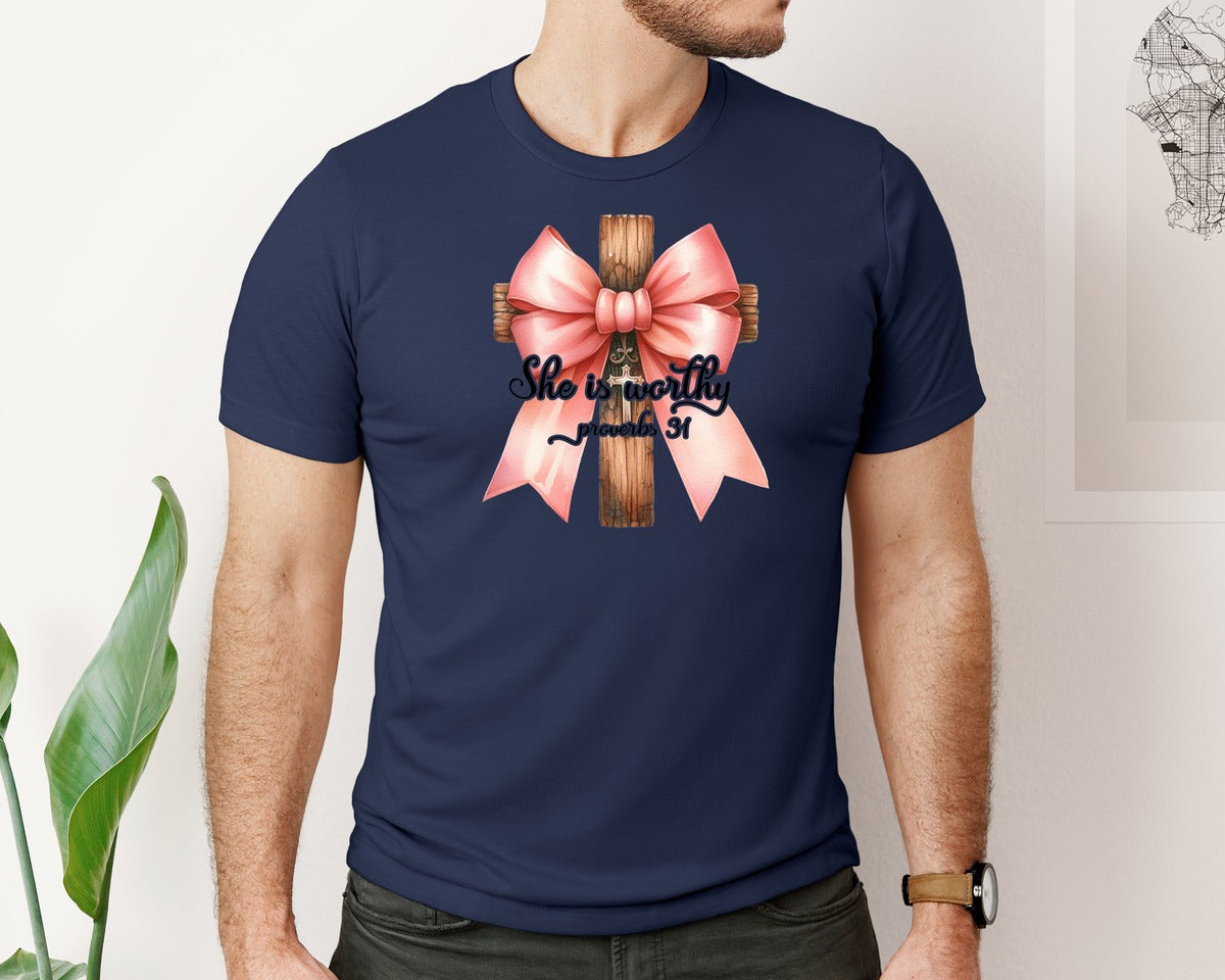 brand:Bella Canvas|color:Navy|She Is Worthy Bow Christian Graphic T-Shirt