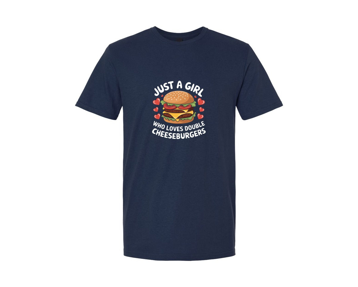 brand:Generic|color:Navy|Just A Girl Who Loves Double Cheeseburge Graphic T-Shirt