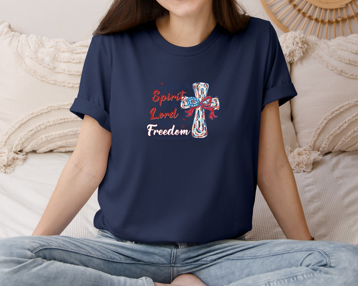 brand:Bella Canvas|color:Navy|Freedom Bible Verse Cross Patriotic Bow Graphic T-Shirt