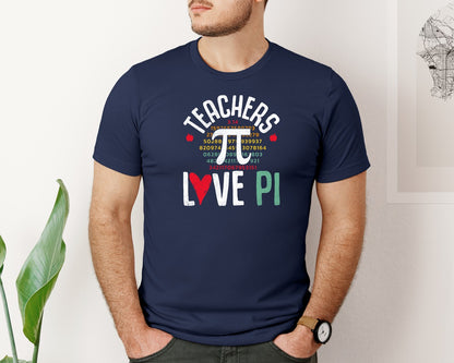 brand:Bella Canvas|color:Navy|Math Teacher Rainbow Love Pi Day Graphic T-Shirt