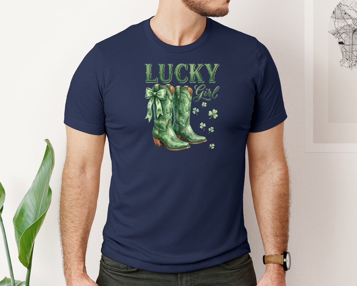 brand:Bella Canvas|color:Navy|Lucky Girl St Patricks Cowgirl Boot Graphic T-Shirt