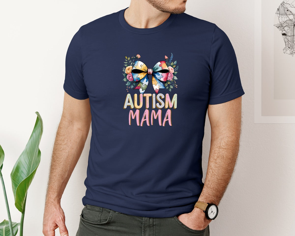brand:Bella Canvas|color:Navy|Autism Mama Elegant Floral Puzzle Bow Graphic T-Shirt