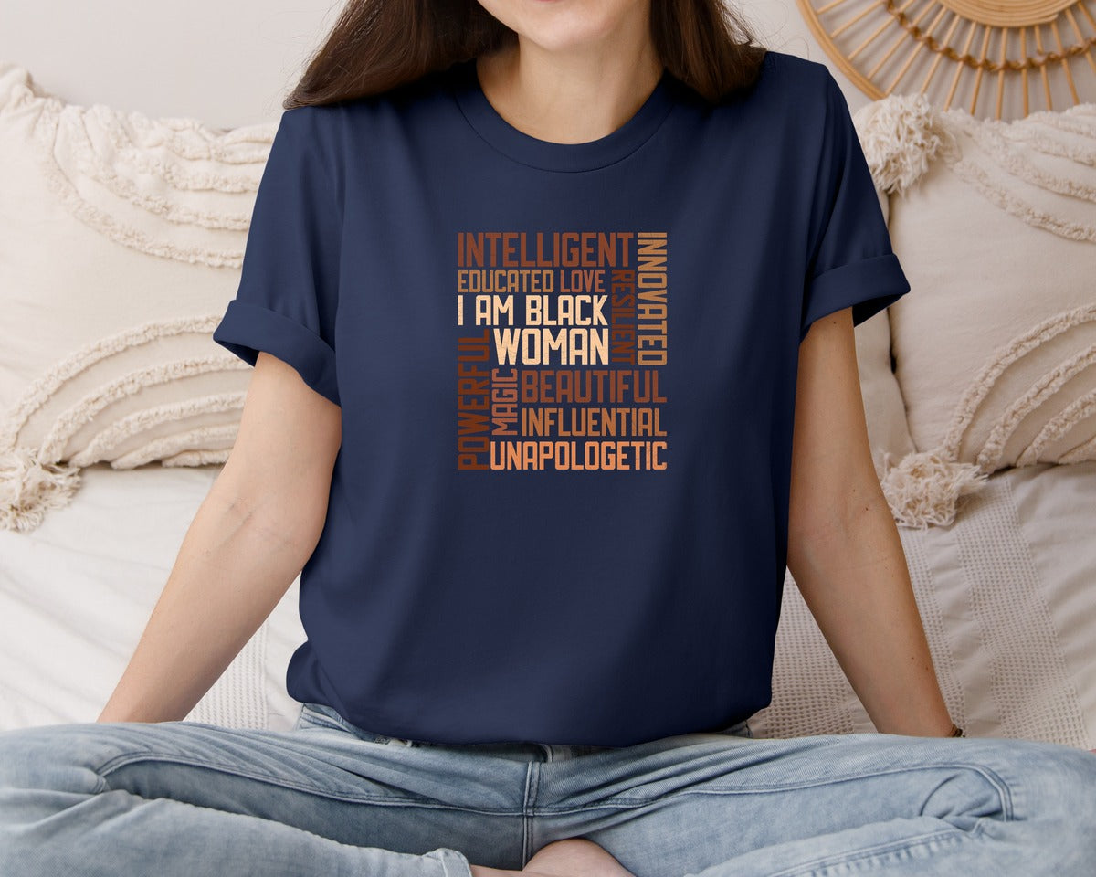 brand:Bella Canvas|color:Navy|Intelligent I Am Black Woman Design Graphic T-Shirt