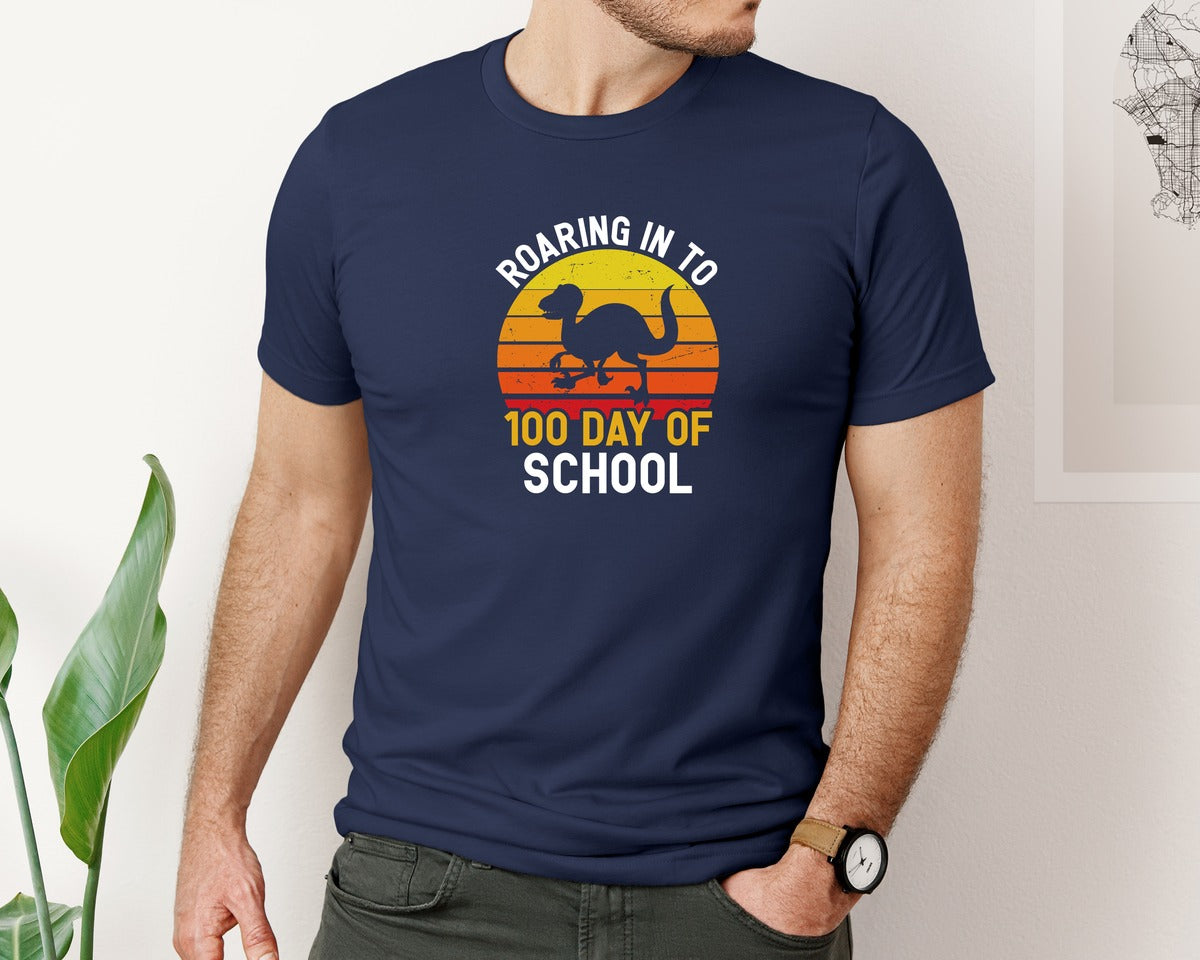 brand:Bella Canvas|color:Navy|Roaring In To 100 Day Of School Shirt 2 Graphic T-Shirt