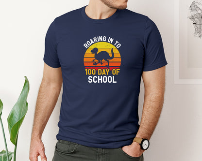 brand:Bella Canvas|color:Navy|Roaring In To 100 Day Of School Shirt 2 Graphic T-Shirt