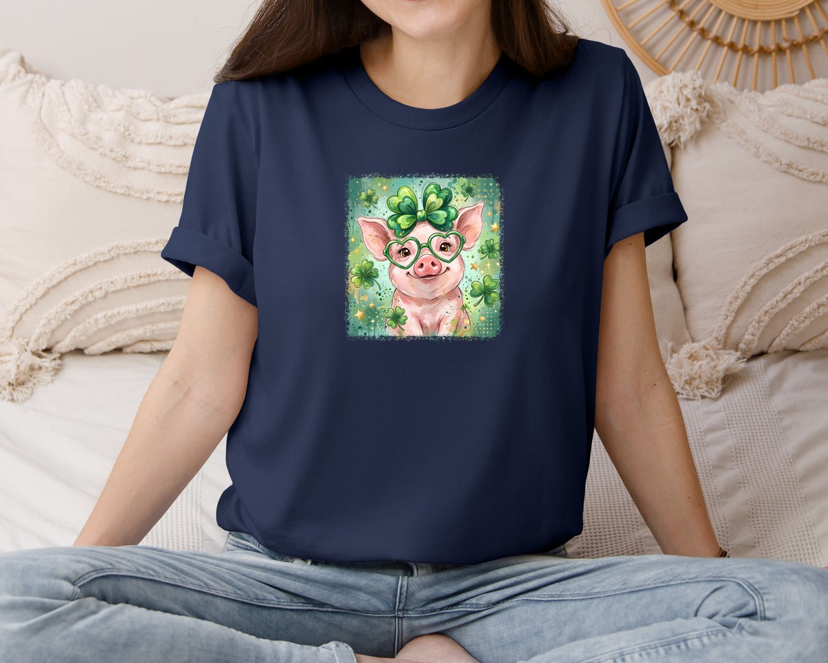 brand:Bella Canvas|color:Navy|Cute Lucky Pig St Patricks Day Graphic T-Shirt