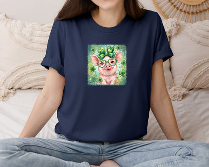brand:Bella Canvas|color:Navy|Cute Lucky Pig St Patricks Day Graphic T-Shirt