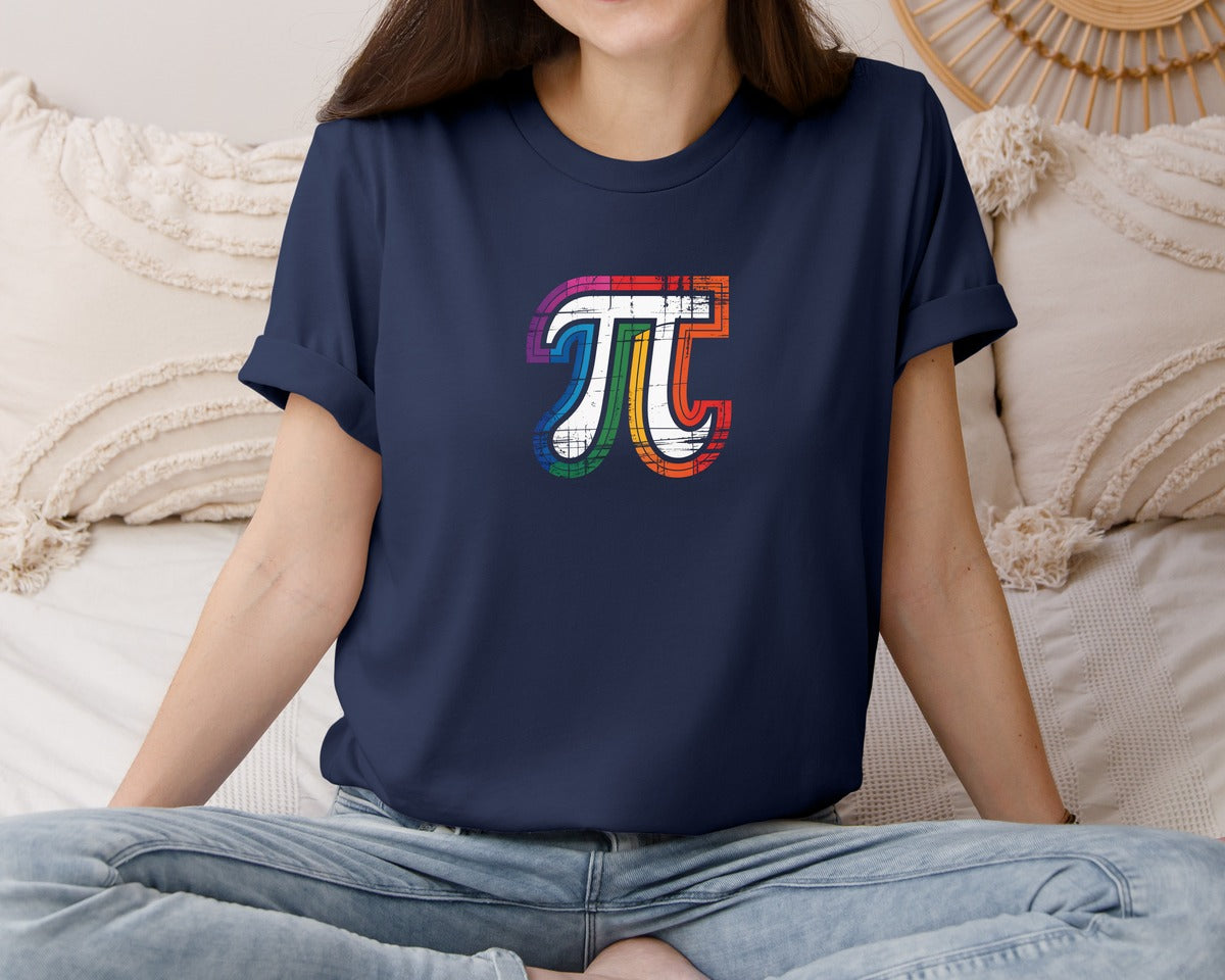 brand:Bella Canvas|color:Navy|Retro Pi Symbol Vintage Rainbow Pi Graphic T-Shirt