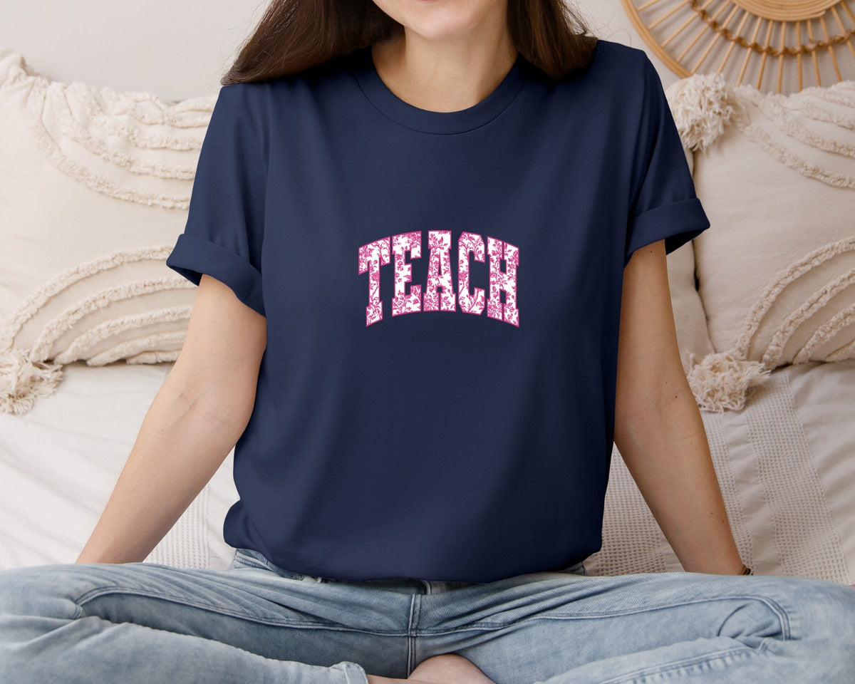 brand:Bella Canvas|color:Navy|Teach Chinoiserie Floral Teacher Pink Graphic T-Shirt